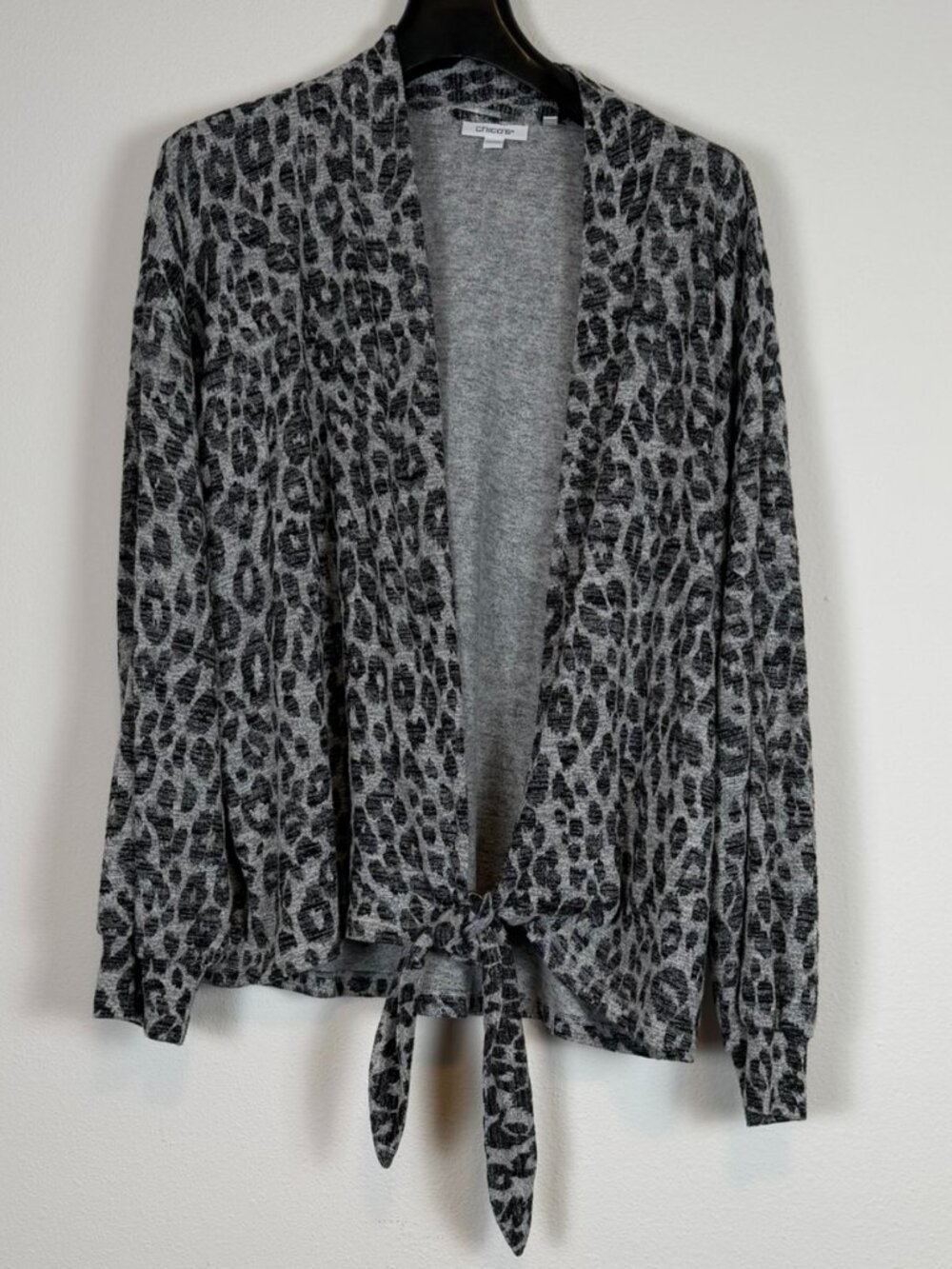 Chico's Gray Black Animal Print Tie Front Lightweight Cardigan Size 3 XL - Picture 3 of 9
